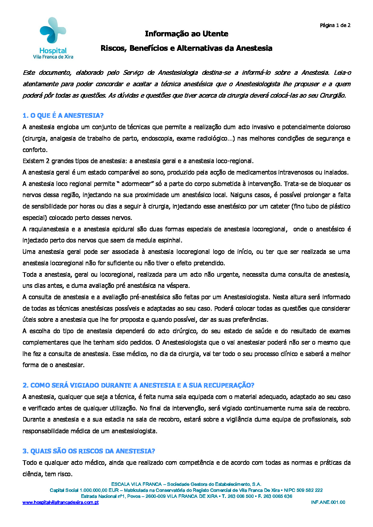 Artigo “Riscos, Benefícios e Alternativas da Anestesia” – Hospital de Vila Franca de Xira [PDF]