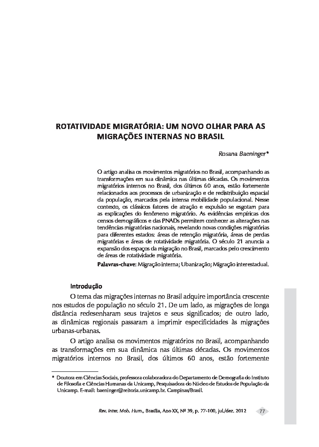 [Artigo] Rotatividade Migratória: um novo olhar para as migrações internas no Brasil | PDF