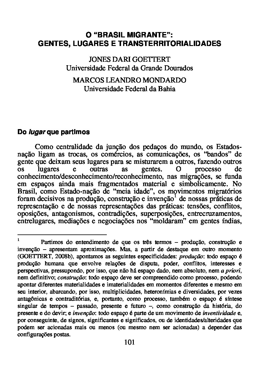 O “BRASIL MIGRANTE”:  GENTES, LUGARES E TRANSTERRITORIALIDADES