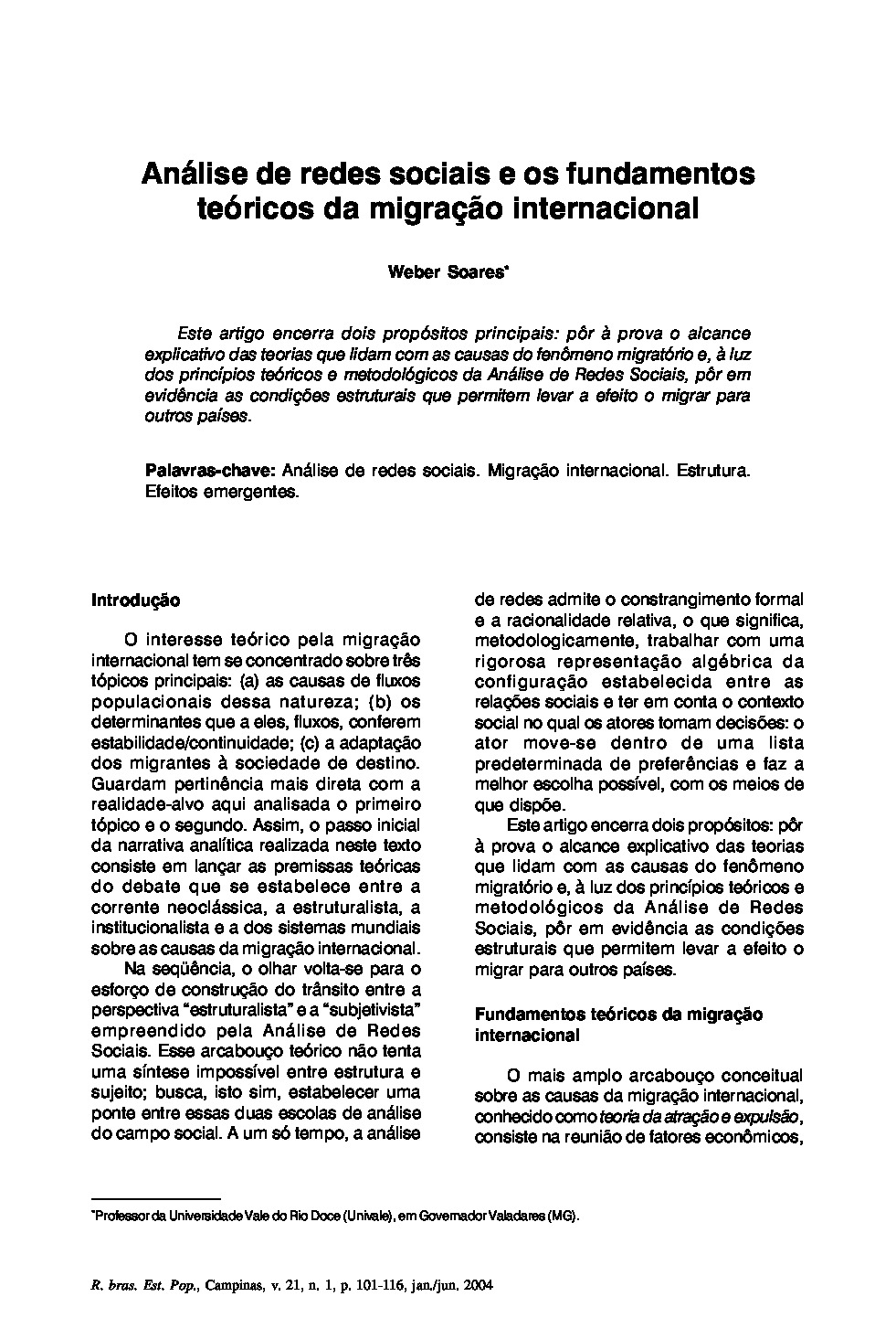 [Artigo] Análise de redes sociais e os fundamentos teóricos da migração internacional – Weber Soares | PDF