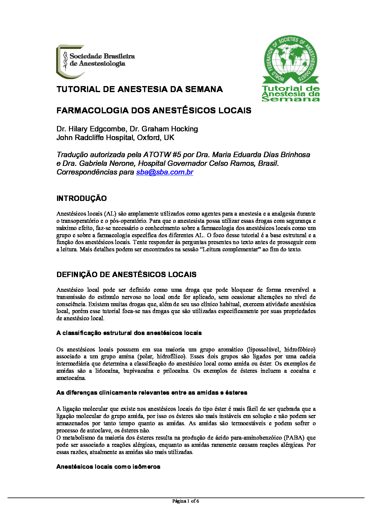 Artigo “Tutorial de Anestesia da Semana” – H. Edgcombe, G. Hocking, J. Radcliffe Hospital [PDF]