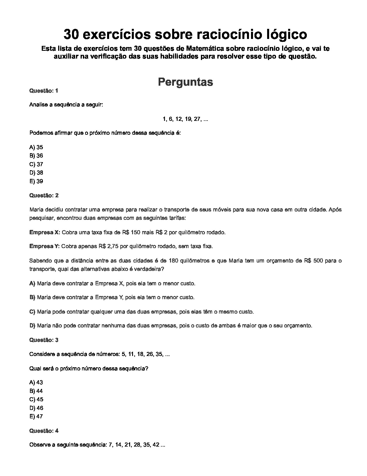 30 exercícios sobre raciocínio lógico