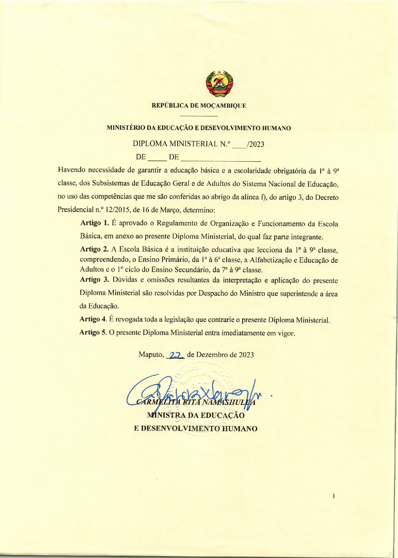 REGULAMENTO DE ORGANIZAÇÃO E FUNCIONAMENTO DA ESCOLA BÁSICA