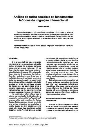 [Artigo] Análise de redes sociais e os fundamentos teóricos da migração internacional – Weber Soares | PDF