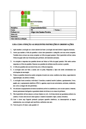 1ª Avaliação de Empreendedorismo INSTITUTO FEDERAL BAHIA