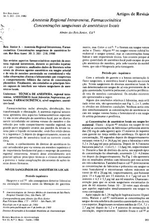 Artigo “Anestesia Regional Intravenosa, Farmacocinética e Concentrações Sanguíneas de Anestésicos Locais” – A. Reis Júnior – (Rev Bras Anest, 1980) [PDF]