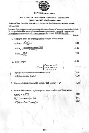 Teste 1 de Análise Matemática I – Universidade Zambeze 2025